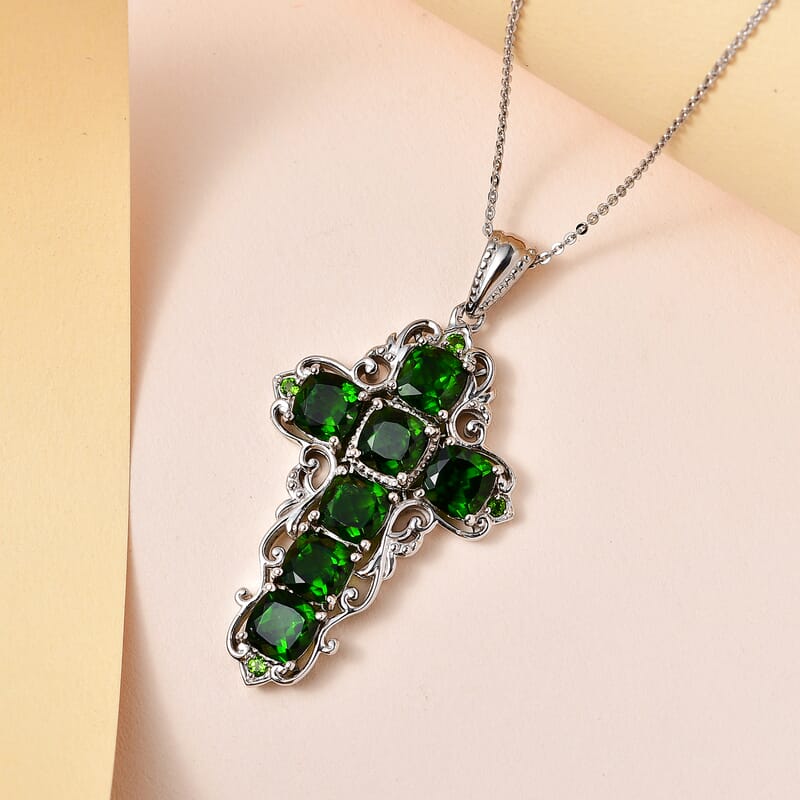Chrome Diopside Cross Pendant Necklace 20 Inches in Platinum Over Sterling Silver 7.30 ctw