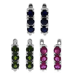 Madagascar Blue Sapphire (DF), Chrome Diopside, Niassa Ruby (FF) Set of 3 Earrings in Platinum Over Sterling Silver 4.35 ctw