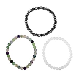 Set of 3 Hematite, White Agate and Multi Fluorite Beaded Stretch Bracelet 154.00 ctw