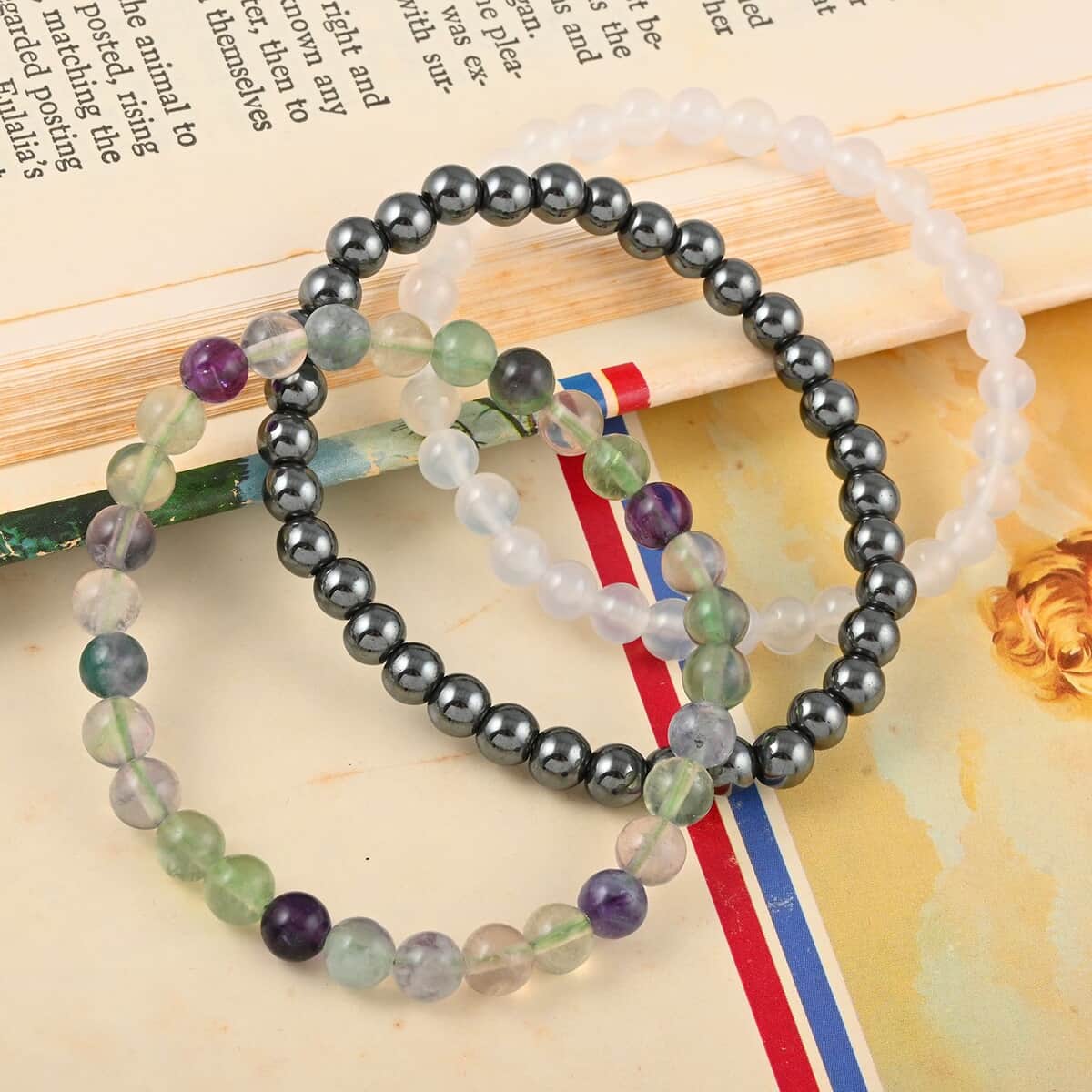 Set of 3 Hematite, White Agate and Multi Fluorite 154.00 ctw Beaded Stretch Bracelet image number 1