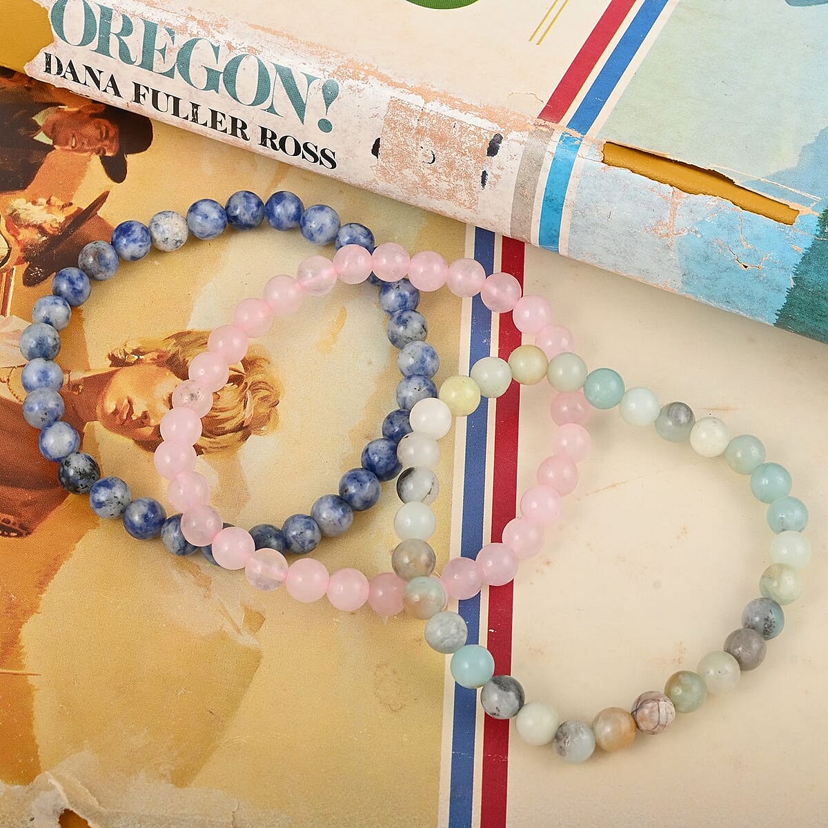 Set of 3 Multi Color Amazonite, Blue Jasper and Rose Quartz Beaded Stretch Bracelet 158.00 ctw image number 1