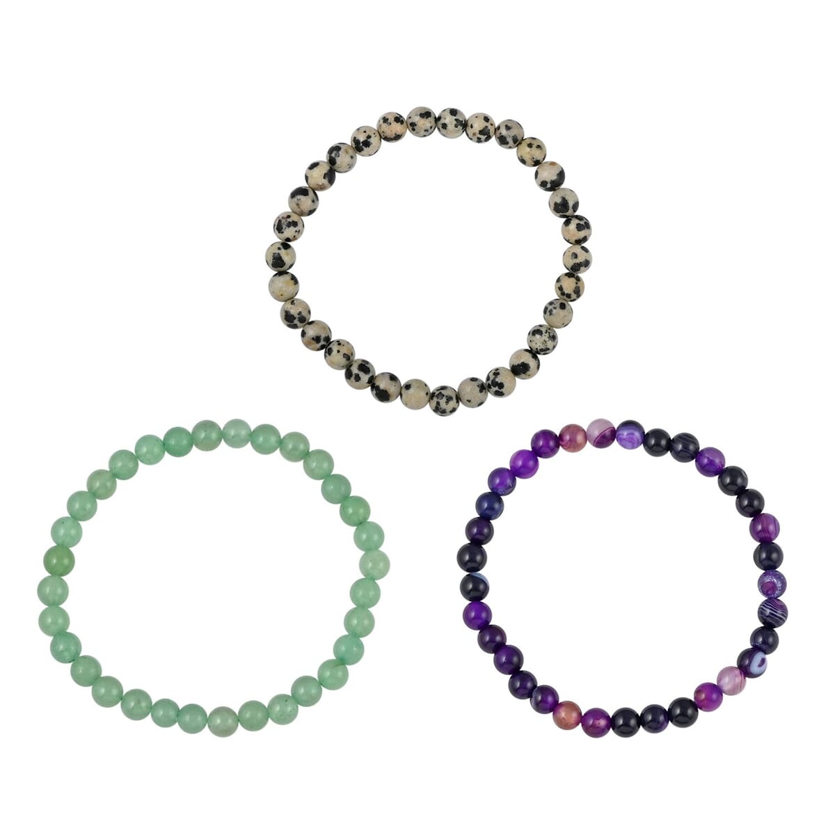 Set of 3 Green Aventurine, Dalmation Jasper and Purple Agate Beaded Stretch Bracelet 160.00 ctw image number 0