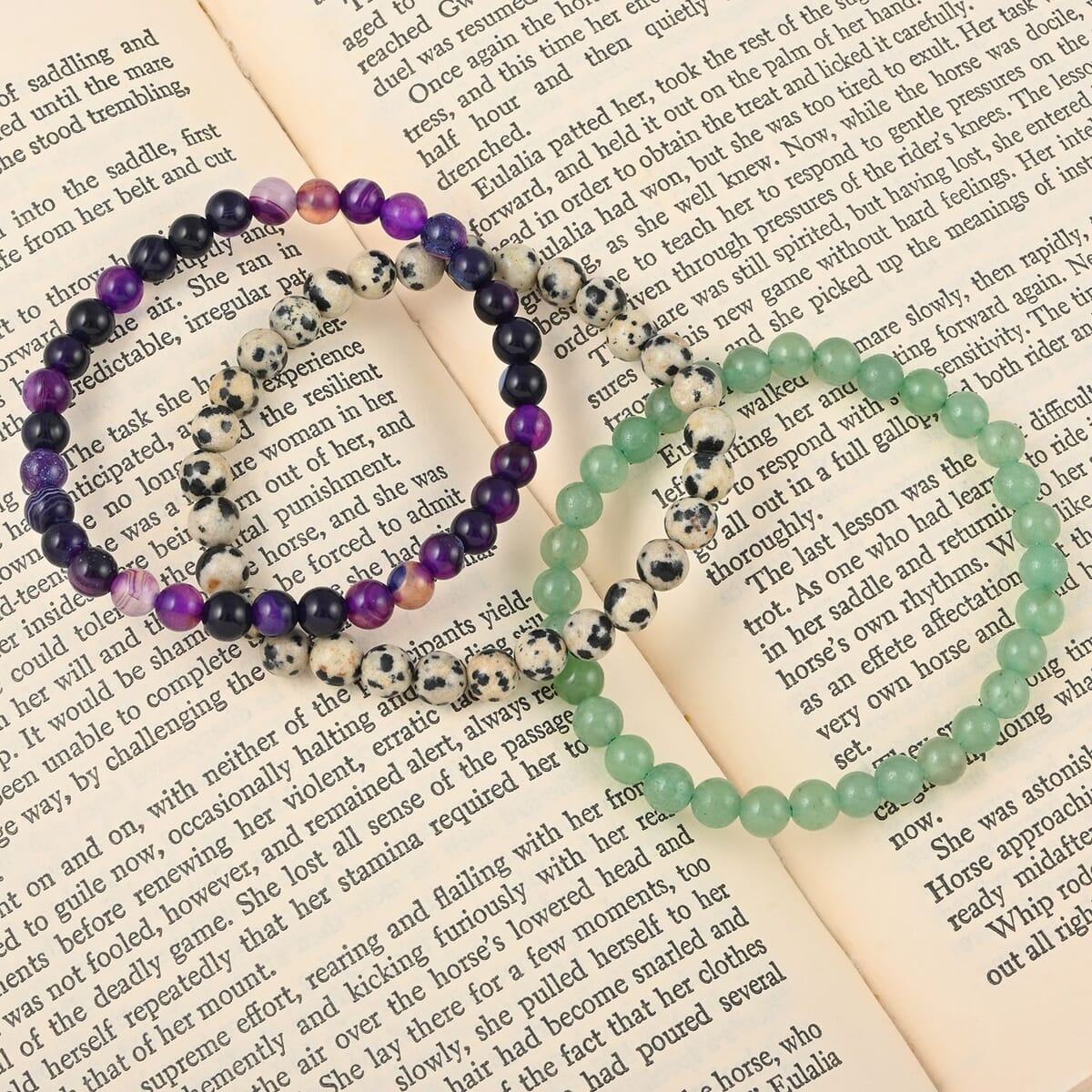 Set of 3 Green Aventurine, Dalmation Jasper and Purple Agate Beaded Stretch Bracelet 160.00 ctw image number 1