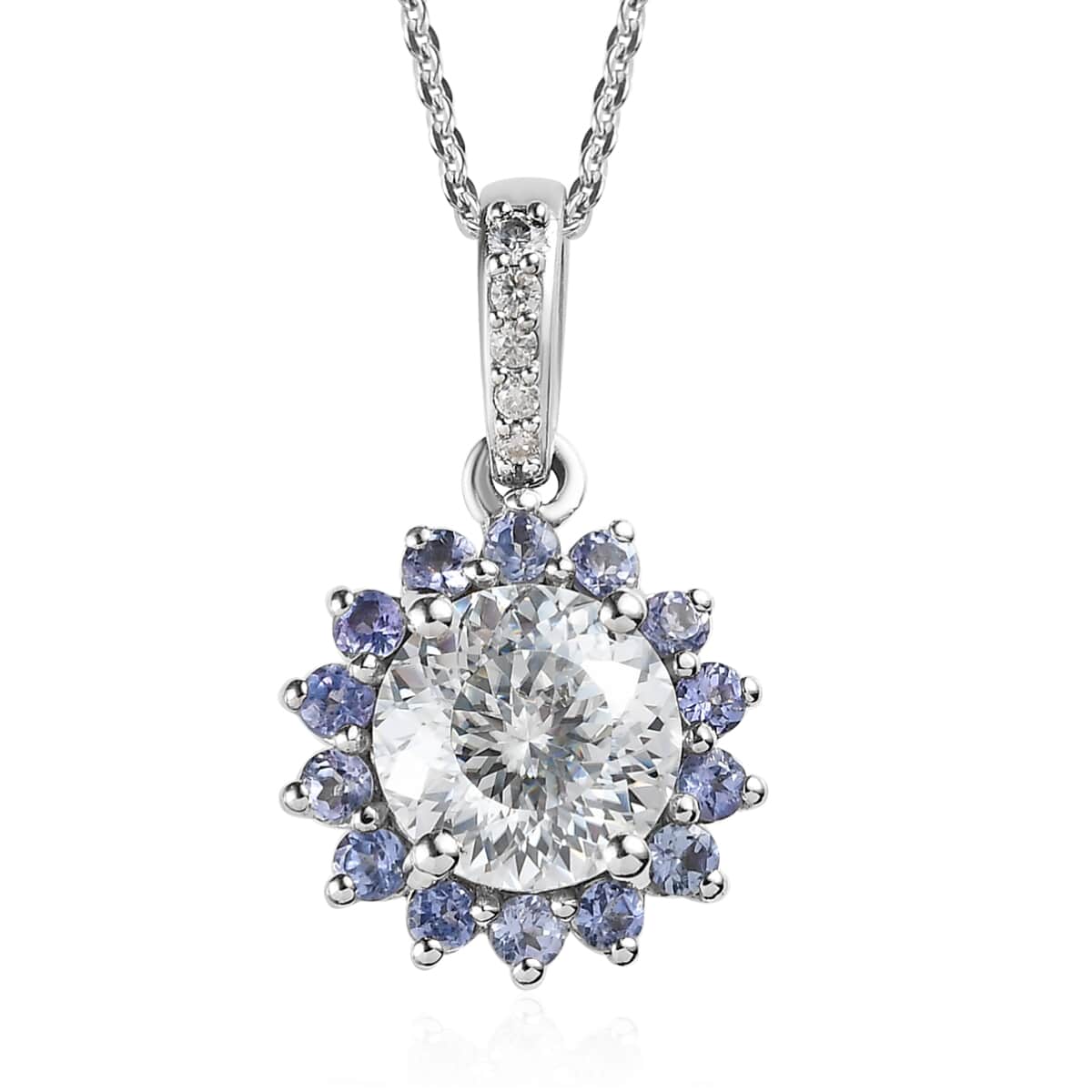 120 Facets Moissanite and Tanzanite Floral Pendant Necklace 20 Inches in 14K YG Over Sterling Silver 2.40 ctw image number 0