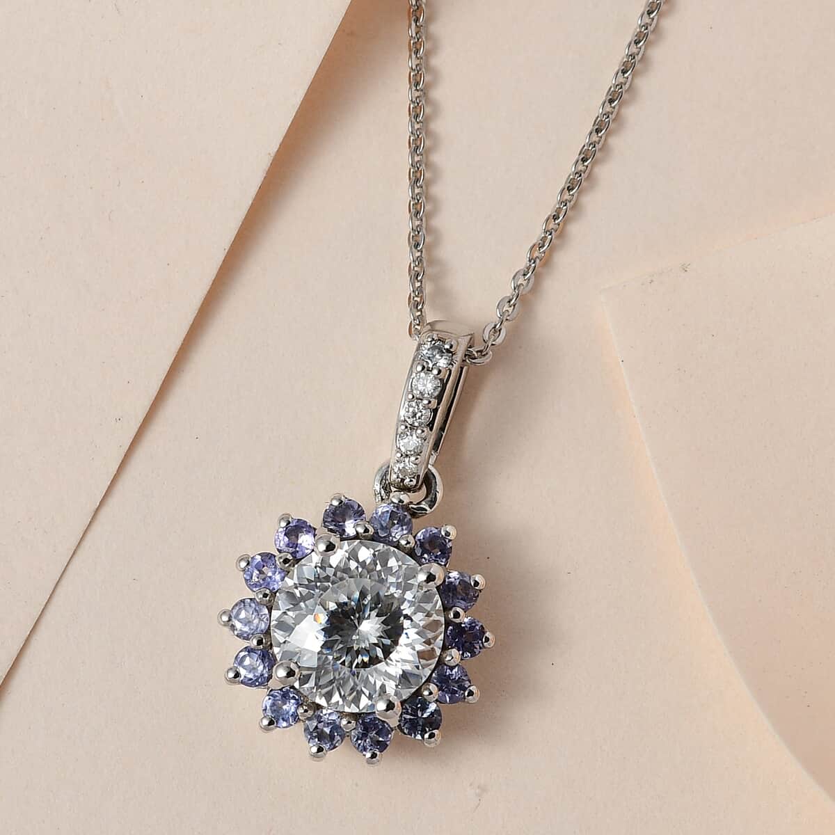 120 Facets Moissanite and Tanzanite Floral Pendant Necklace 20 Inches in 14K YG Over Sterling Silver 2.40 ctw image number 1