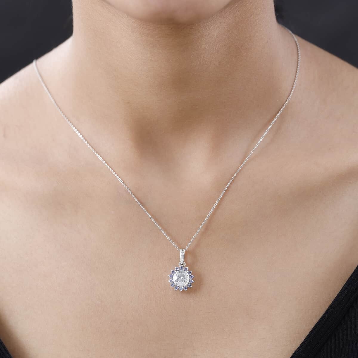 120 Facets Moissanite and Tanzanite Floral Pendant Necklace 20 Inches in 14K YG Over Sterling Silver 2.40 ctw image number 2