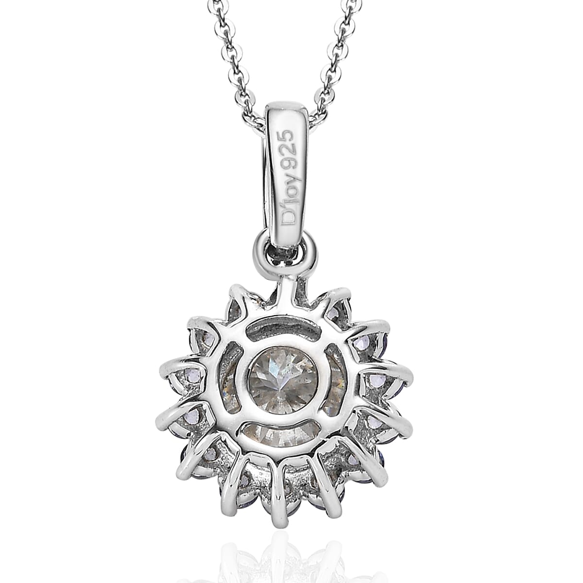 120 Facets Moissanite and Tanzanite Floral Pendant Necklace 20 Inches in Platinum Over Sterling Silver 2.65 ctw