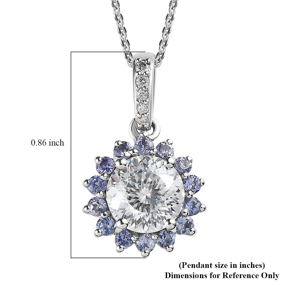 120 Facets Moissanite and Tanzanite Floral Pendant Necklace 20 Inches in Platinum Over Sterling Silver 2.65 ctw