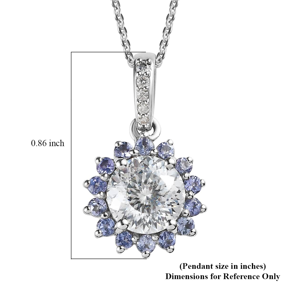 120 Facets Moissanite and Tanzanite Floral Pendant Necklace 20 Inches in 14K YG Over Sterling Silver 2.40 ctw image number 6