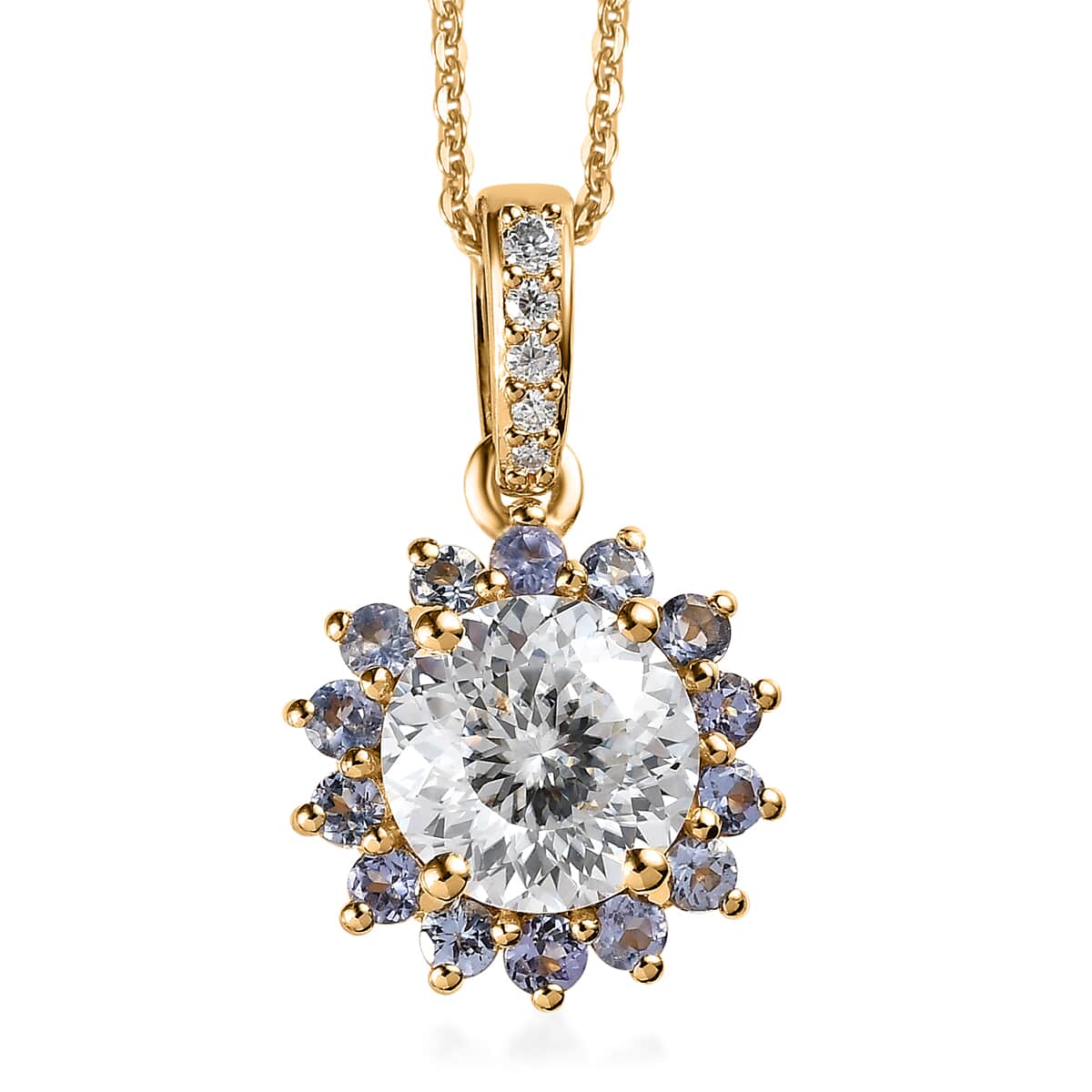 120 Facets Moissanite and Tanzanite Floral Pendant Necklace 20 Inches in Vermeil Yellow Gold Over Sterling Silver 2.65 ctw image number 0