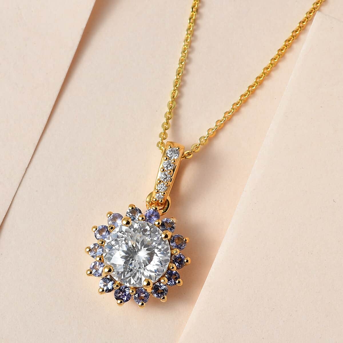 120 Facets Moissanite and Tanzanite Floral Pendant Necklace 20 Inches in Vermeil Yellow Gold Over Sterling Silver 2.65 ctw image number 1