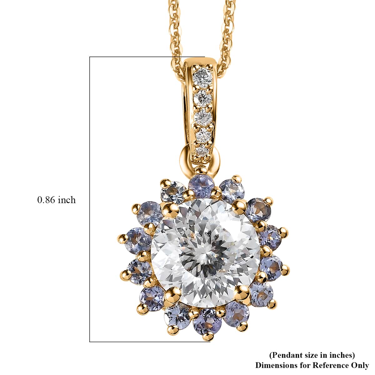 120 Facets Moissanite and Tanzanite Floral Pendant Necklace 20 Inches in Vermeil Yellow Gold Over Sterling Silver 2.65 ctw image number 6