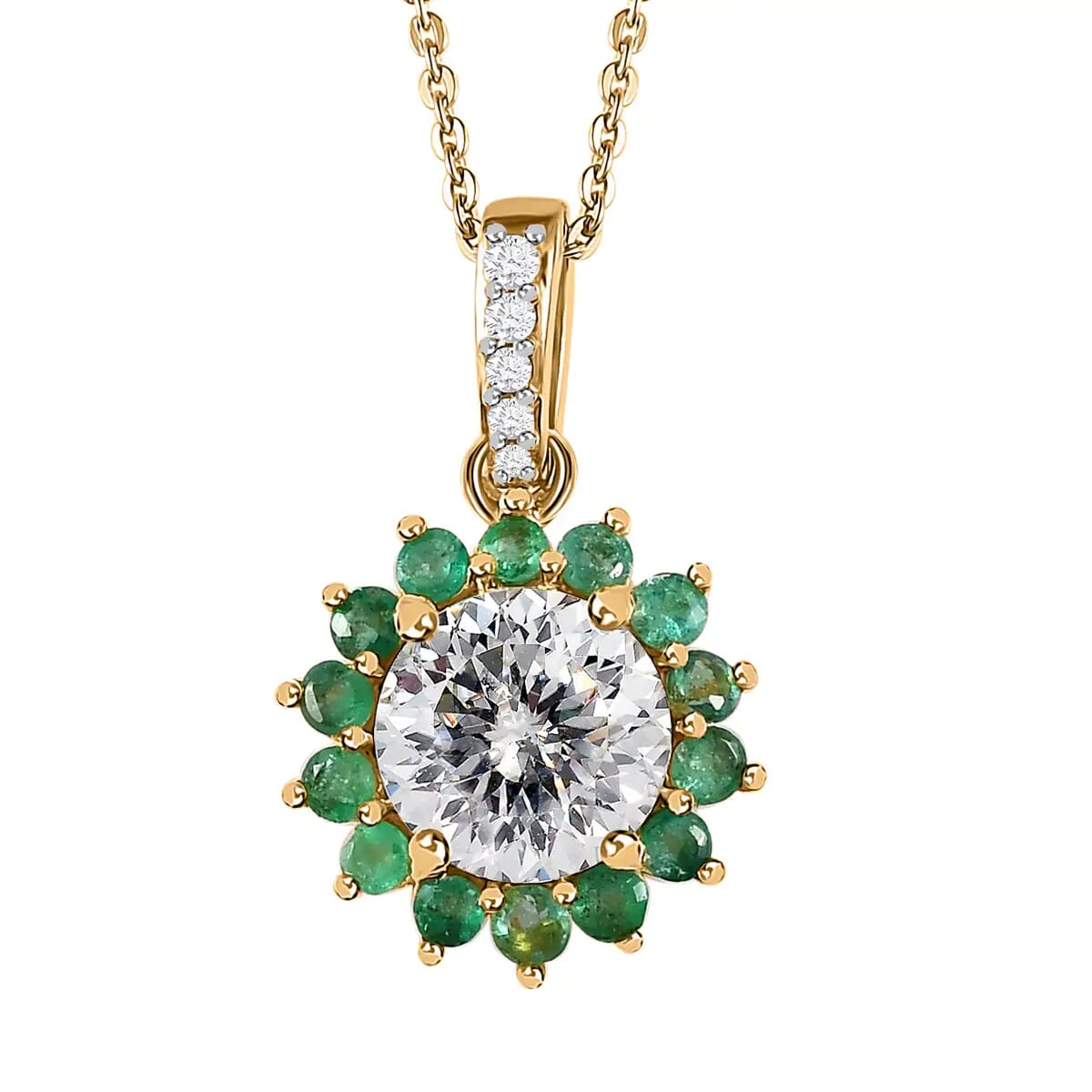 TLV 120 Facets Moissanite (Rnd 8mm), Kagem Zambian Emerald Floral Pendant Necklace (20 Inches) in Vermeil YG Over Sterling Silver 2.50 ctw image number 0