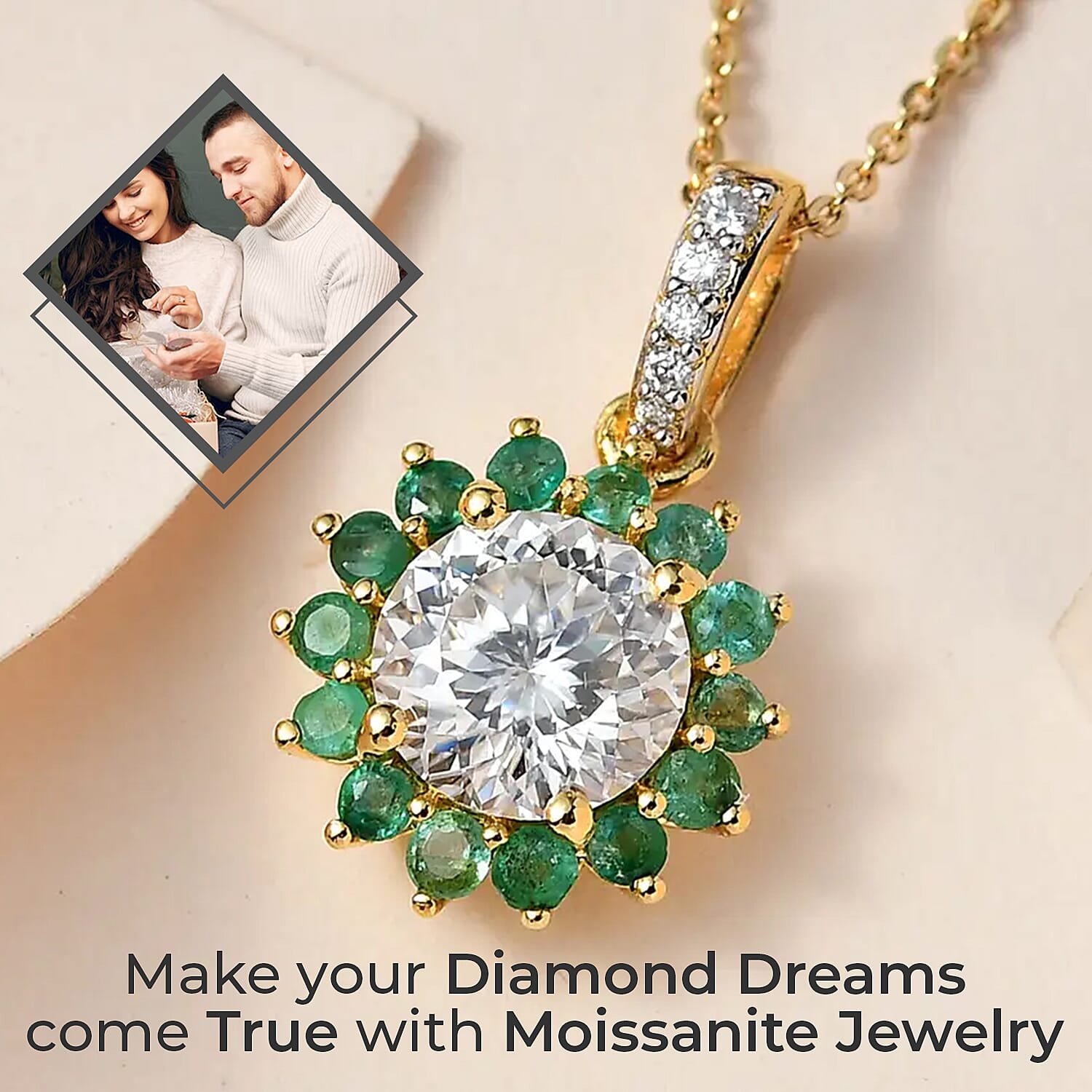 120 Facets Moissanite and Kagem Zambian Emerald Floral Pendant Necklace 20 Inches in Vermeil Yellow Gold Over Sterling Silver 2.50 ctw