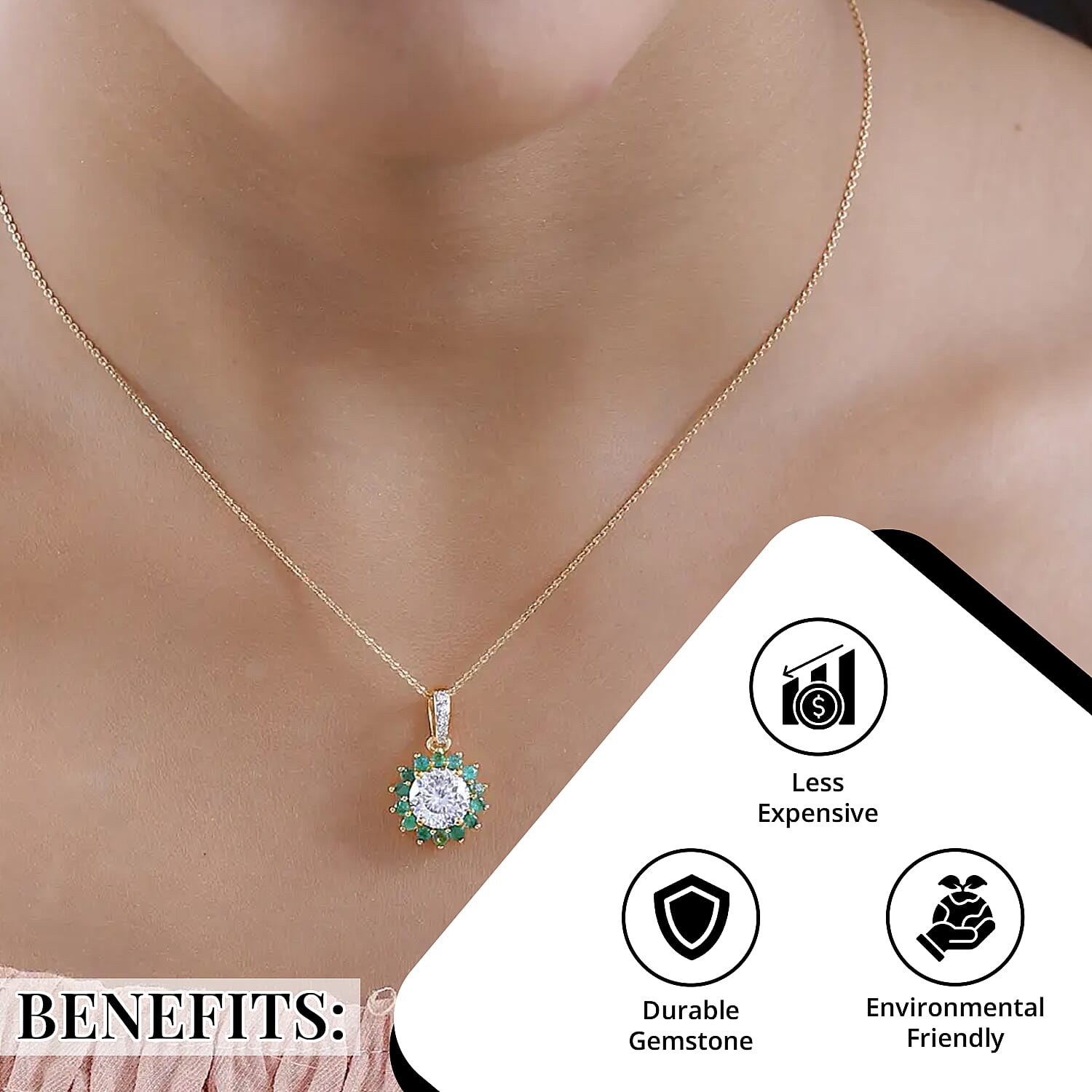 120 Facets Moissanite and Kagem Zambian Emerald Floral Pendant Necklace 20 Inches in Vermeil Yellow Gold Over Sterling Silver 2.50 ctw