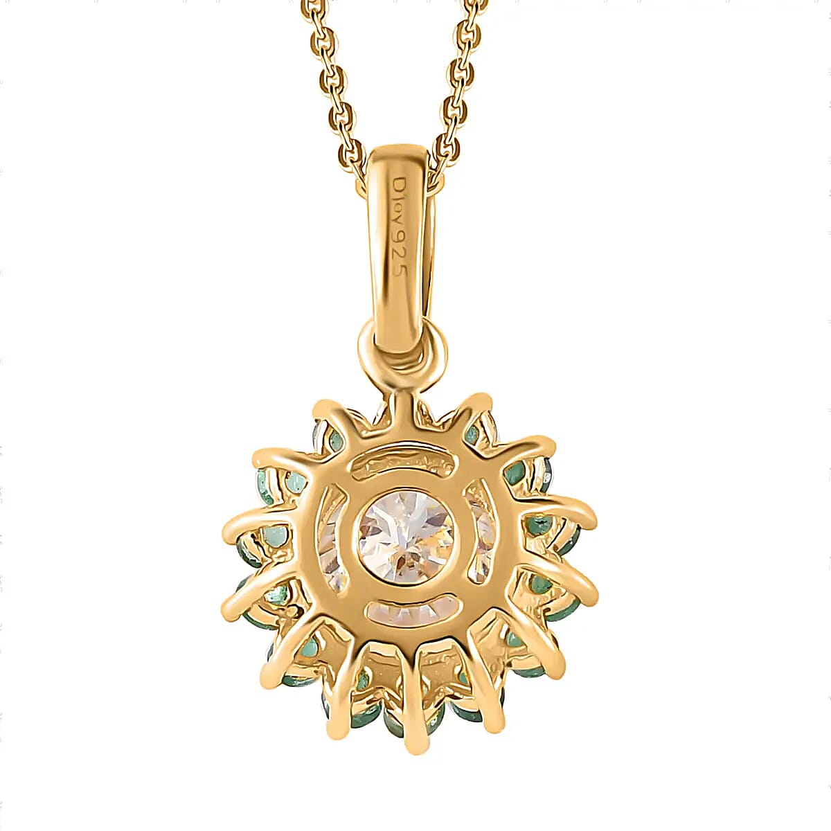 120 Facets Moissanite and Kagem Zambian Emerald Floral Pendant Necklace 20 Inches in Vermeil Yellow Gold Over Sterling Silver 2.50 ctw