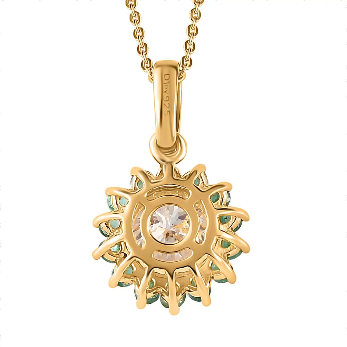 TLV 120 Facets Moissanite (Rnd 8mm), Kagem Zambian Emerald Floral Pendant Necklace (20 Inches) in Vermeil YG Over Sterling Silver 2.50 ctw image number 4