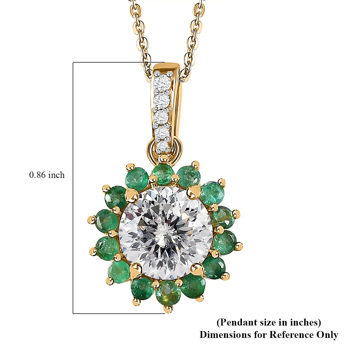 120 Facets Moissanite and Kagem Zambian Emerald Floral Pendant Necklace 20 Inches in Vermeil Yellow Gold Over Sterling Silver 2.50 ctw