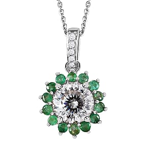 120 Facets Moissanite and Kagem Zambian Emerald Floral Pendant Necklace 20 Inches in Platinum Over Sterling Silver 2.50 ctw
