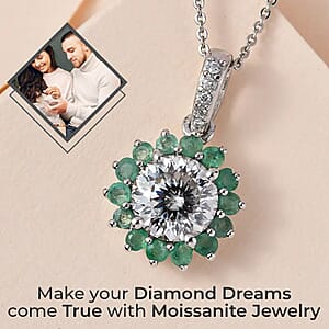 120 Facets Moissanite and Kagem Zambian Emerald Floral Pendant Necklace 20 Inches in Platinum Over Sterling Silver 2.50 ctw