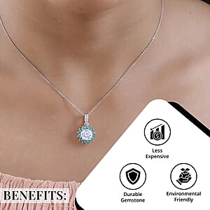 120 Facets Moissanite and Kagem Zambian Emerald Floral Pendant Necklace 20 Inches in Platinum Over Sterling Silver 2.50 ctw