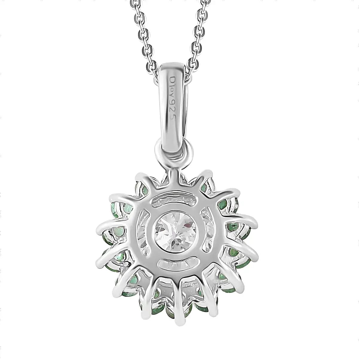 120 Facets Moissanite and Kagem Zambian Emerald Floral Pendant Necklace 20 Inches in Platinum Over Sterling Silver 2.50 ctw image number 4