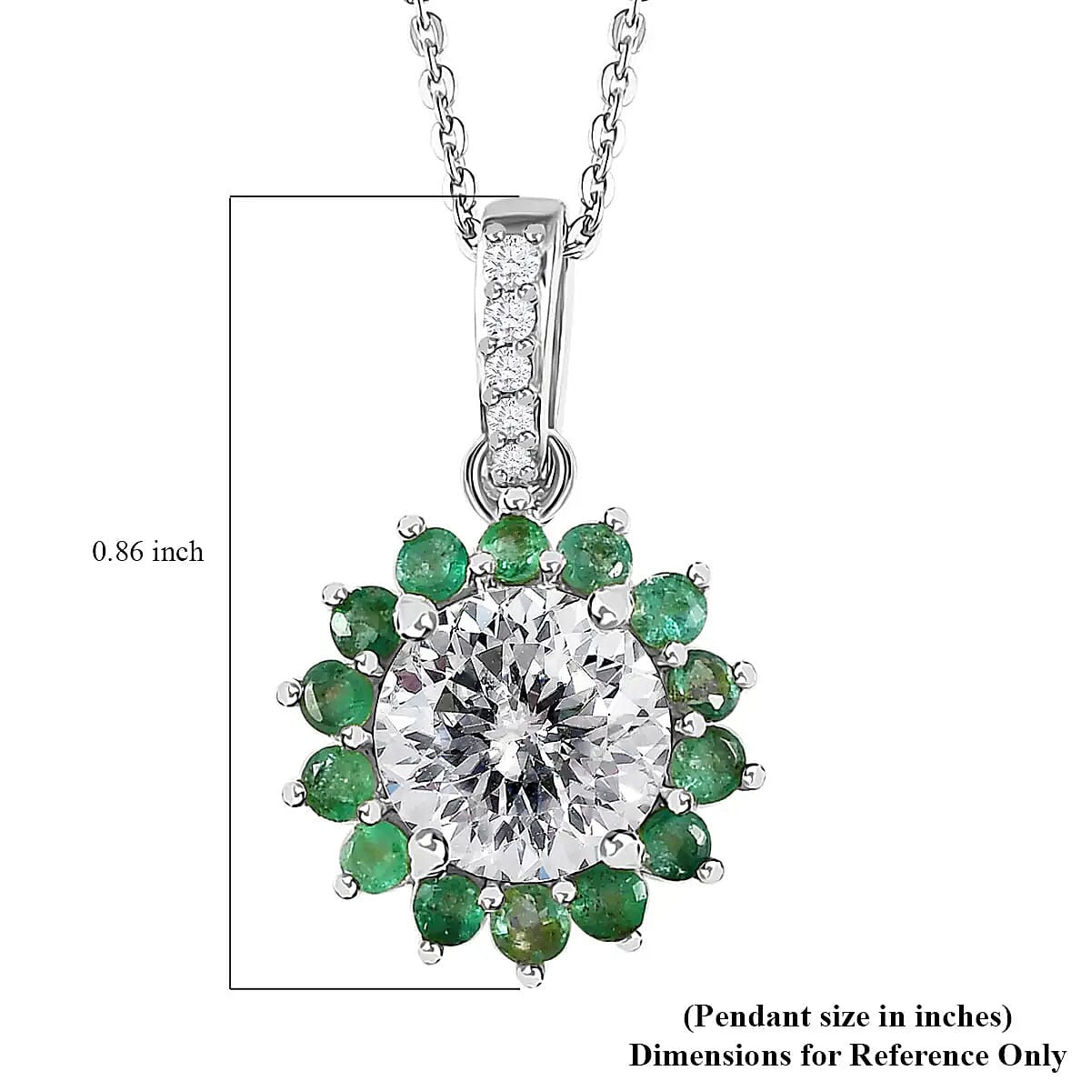 120 Facets Moissanite and Kagem Zambian Emerald Floral Pendant Necklace 20 Inches in Platinum Over Sterling Silver 2.50 ctw image number 6