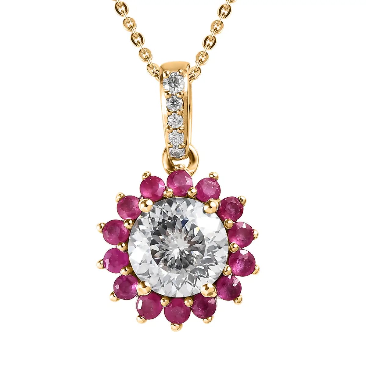120 Facets Moissanite (Rnd 8mm), Niassa Ruby (FF) Floral Pendant Necklace (20 Inches) in 14K YG Over Sterling Silver 2.75 ctw image number 0