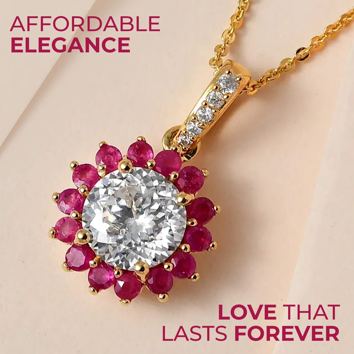 120 Facets Moissanite (Rnd 8mm), Niassa Ruby (FF) Floral Pendant Necklace (20 Inches) in 14K YG Over Sterling Silver 2.75 ctw image number 1