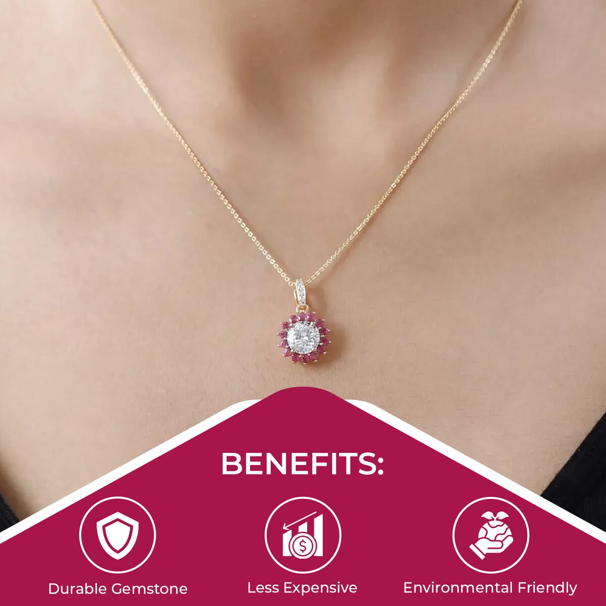 120 Facets Moissanite (Rnd 8mm), Niassa Ruby (FF) Floral Pendant Necklace (20 Inches) in 14K YG Over Sterling Silver 2.75 ctw image number 3
