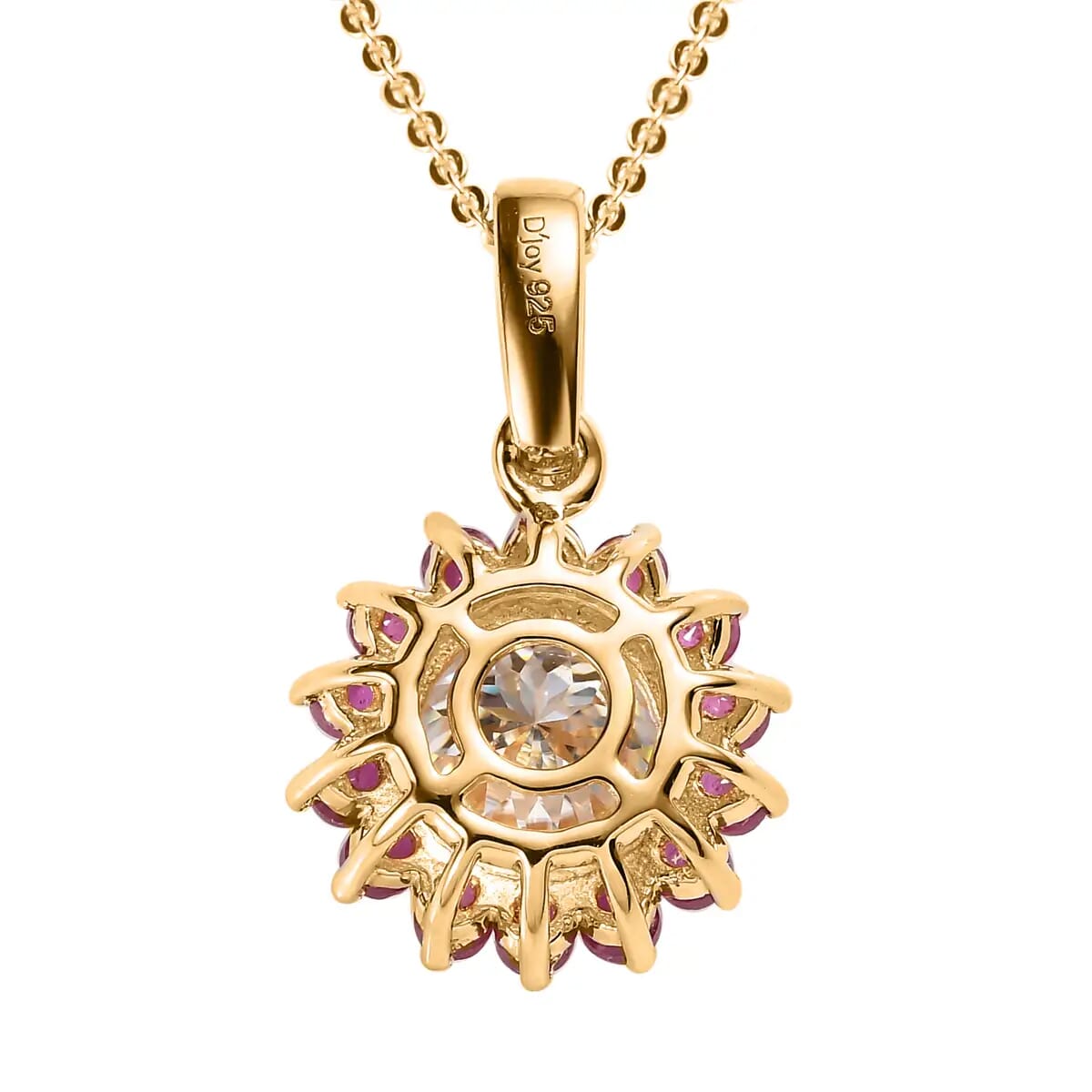 120 Facets Moissanite (Rnd 8mm), Niassa Ruby (FF) Floral Pendant Necklace (20 Inches) in 14K YG Over Sterling Silver 2.75 ctw image number 4