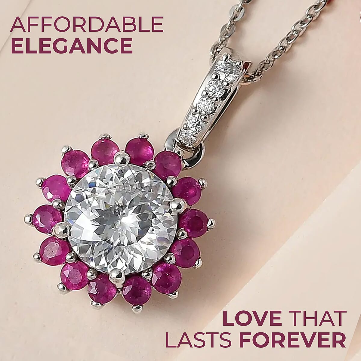 120 Facets Moissanite and Niassa Ruby (FF) Floral Pendant Necklace 20 Inches in Platinum Over Sterling Silver 2.70 ctw image number 1