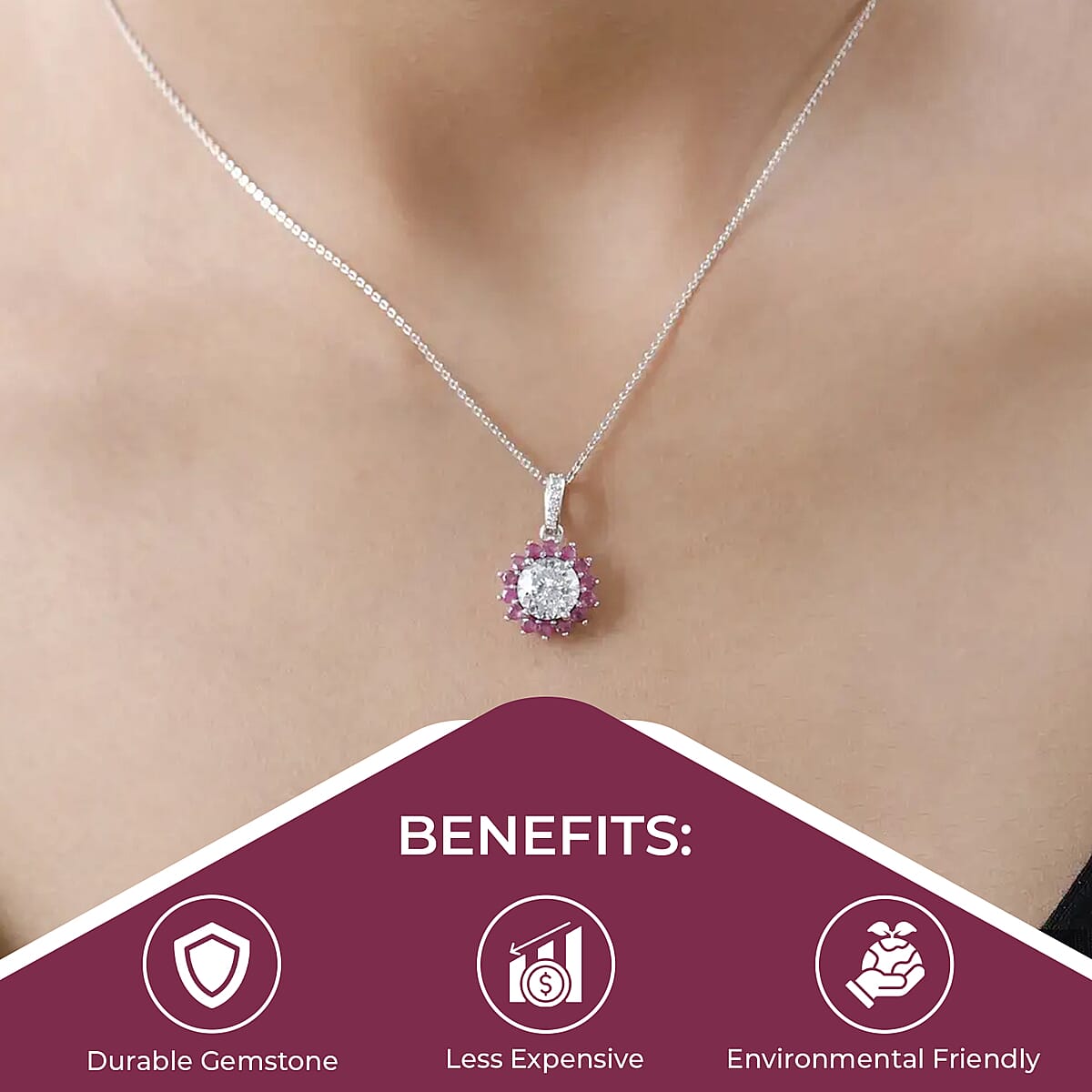 120 Facets Moissanite and Niassa Ruby (FF) Floral Pendant Necklace 20 Inches in Platinum Over Sterling Silver 2.70 ctw image number 3