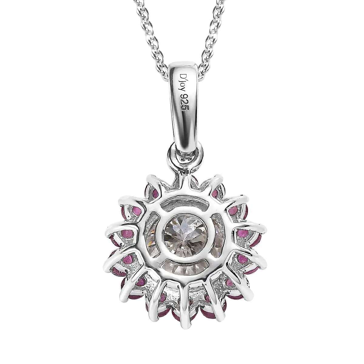 120 Facets Moissanite and Niassa Ruby (FF) Floral Pendant Necklace 20 Inches in Platinum Over Sterling Silver 2.70 ctw image number 4