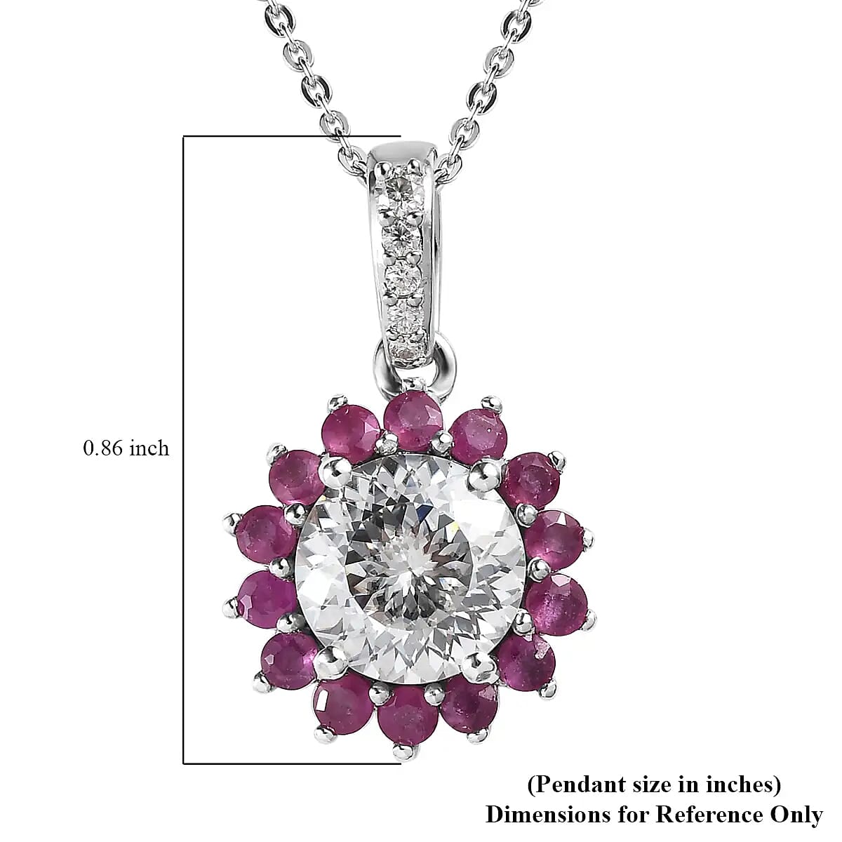 120 Facets Moissanite and Niassa Ruby (FF) Floral Pendant Necklace 20 Inches in Platinum Over Sterling Silver 2.70 ctw image number 6