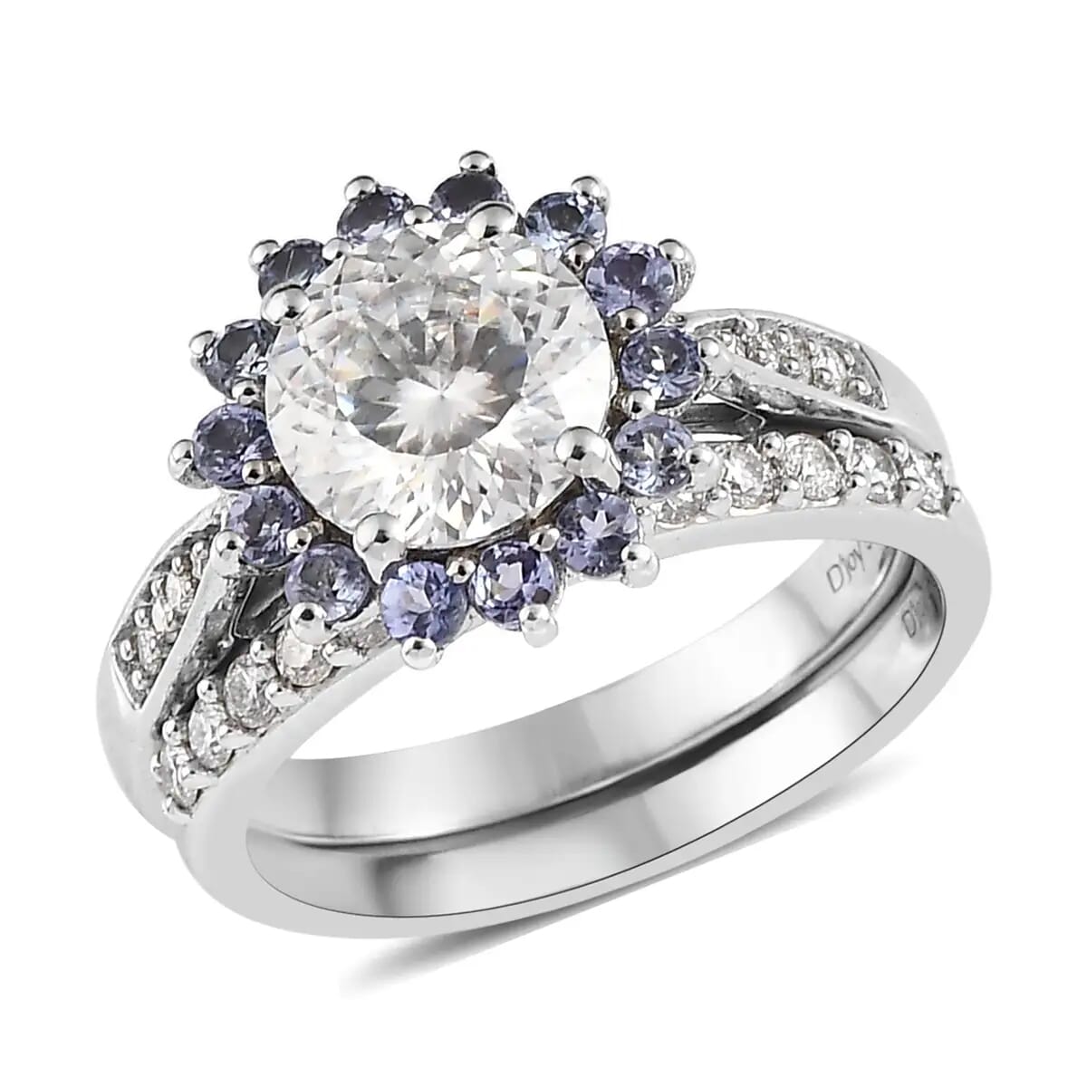 TLV 120 Facets Moissanite (Rnd 8mm), Tanzanite Set of 2 Ring in Platinum Over Sterling Silver (Size 7.0) 2.75 ctw image number 0