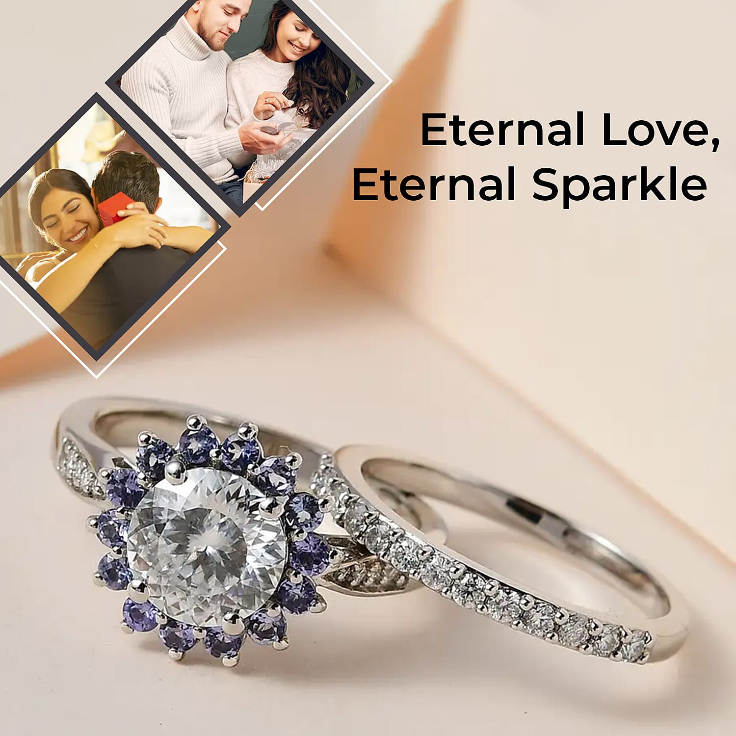 120 Facets Moissanite and Tanzanite Set of 2 Stackable Ring in Platinum Over Sterling Silver (Size 10.00) 3.00 ctw