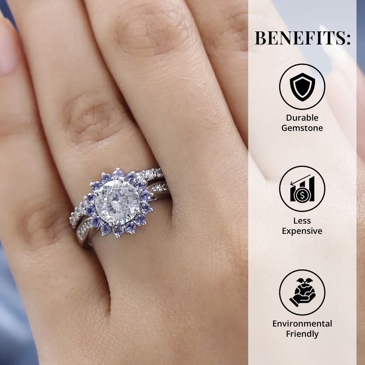 TLV 120 Facets Moissanite (Rnd 8mm), Tanzanite Set of 2 Ring in Platinum Over Sterling Silver (Size 7.0) 2.75 ctw image number 3