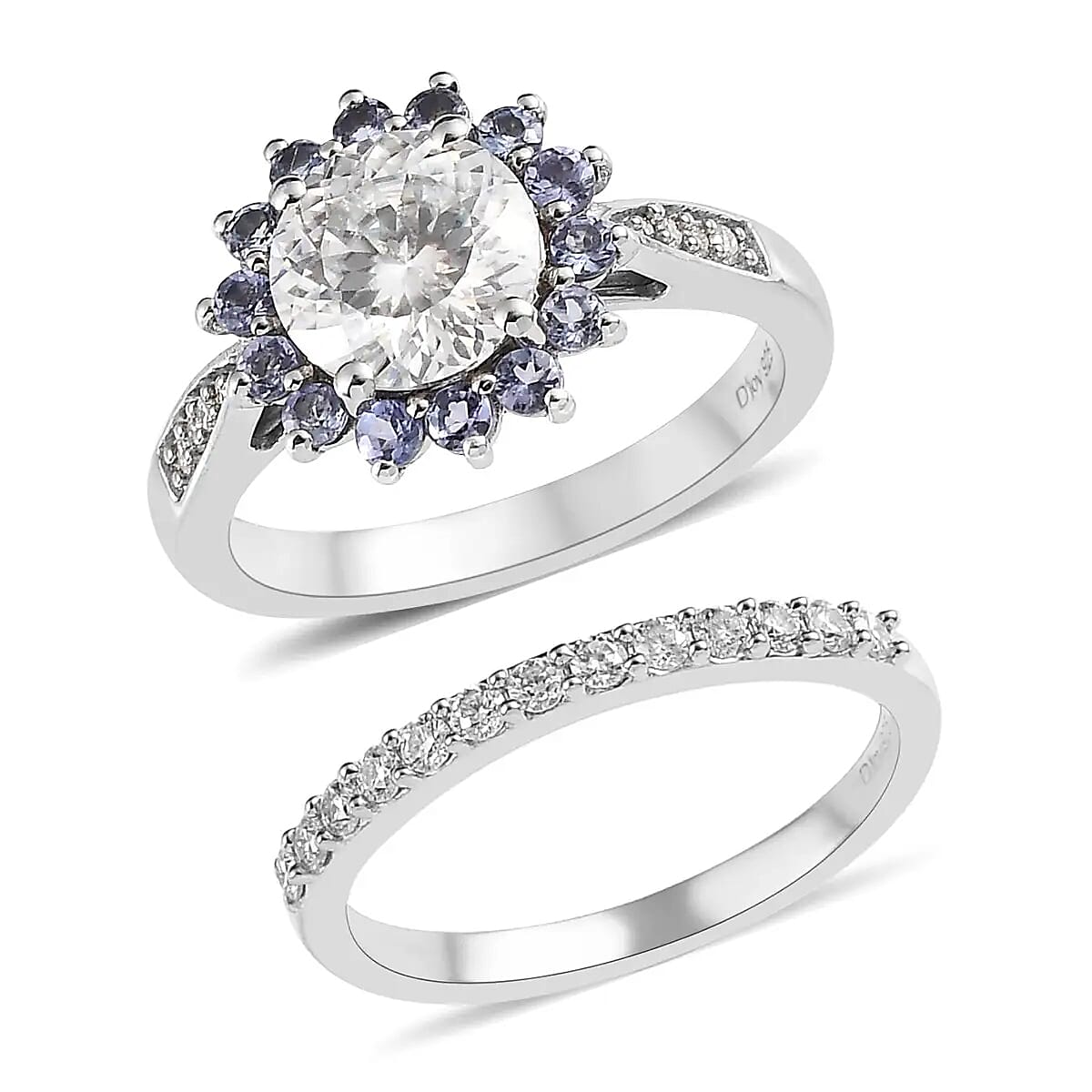 120 Facets Moissanite and Tanzanite Set of 2 Stackable Ring in Platinum Over Sterling Silver (Size 10.00) 3.00 ctw