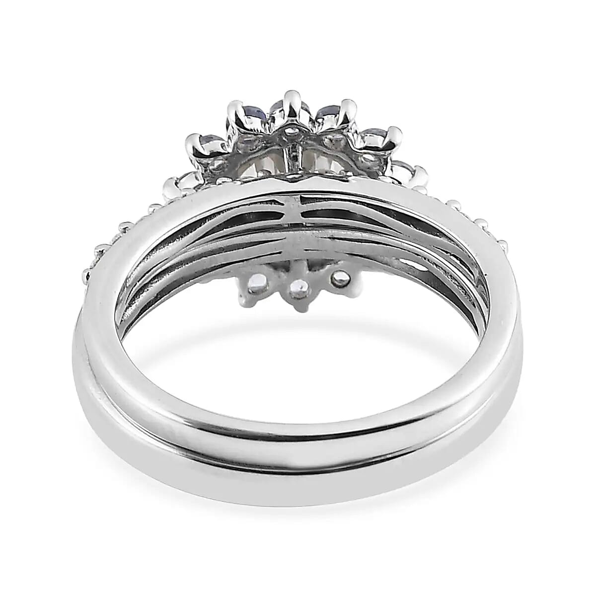 120 Facets Moissanite and Tanzanite Set of 2 Stackable Ring in Platinum Over Sterling Silver (Size 10.00) 3.00 ctw
