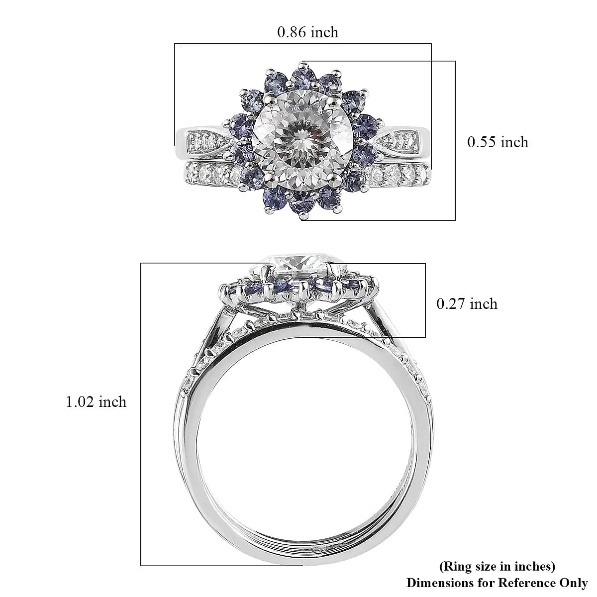 120 Facets Moissanite and Tanzanite Set of 2 Stackable Ring in Platinum Over Sterling Silver (Size 10.00) 3.00 ctw