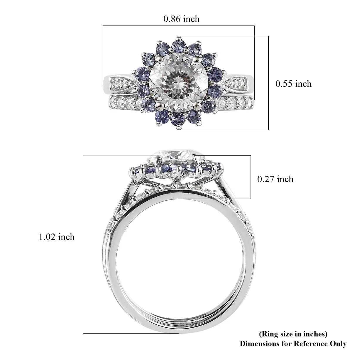TLV 120 Facets Moissanite (Rnd 8mm), Tanzanite Set of 2 Ring in Platinum Over Sterling Silver (Size 7.0) 2.75 ctw image number 6