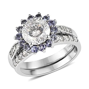 120 Facets Moissanite and Tanzanite Set of 2 Stackable Ring in Platinum Over Sterling Silver (Size 7.0) 3.00 ctw