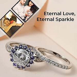 120 Facets Moissanite and Tanzanite Set of 2 Stackable Ring in Platinum Over Sterling Silver (Size 7.0) 3.00 ctw