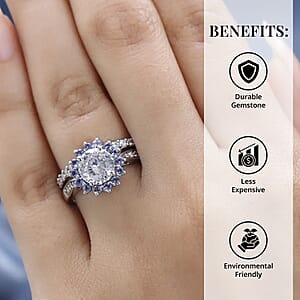 120 Facets Moissanite and Tanzanite Set of 2 Stackable Ring in Platinum Over Sterling Silver (Size 7.0) 3.00 ctw