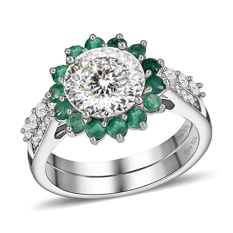 120 Facets Moissanite and Kagem Zambian Emerald 2.75 ctw Set of 2 Stackable Ring in Platinum Over Sterling Silver (Size 10.00)