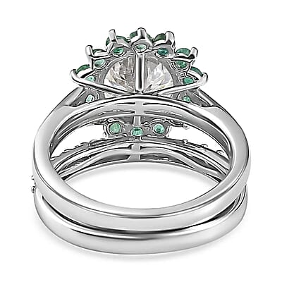 120 Facets Moissanite and Kagem Zambian Emerald 2.75 ctw Set of 2 Stackable Ring in Platinum Over Sterling Silver (Size 10.00)