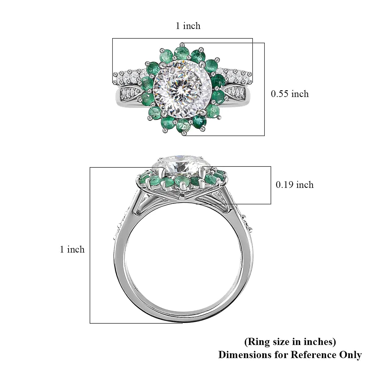 120 Facets Moissanite and Kagem Zambian Emerald 2.75 ctw Set of 2 Stackable Ring in Platinum Over Sterling Silver (Size 10.00)