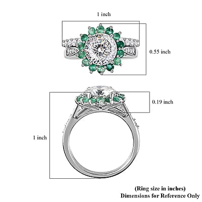 120 Facets Moissanite and Kagem Zambian Emerald 2.75 ctw Set of 2 Stackable Ring in Platinum Over Sterling Silver (Size 10.00)