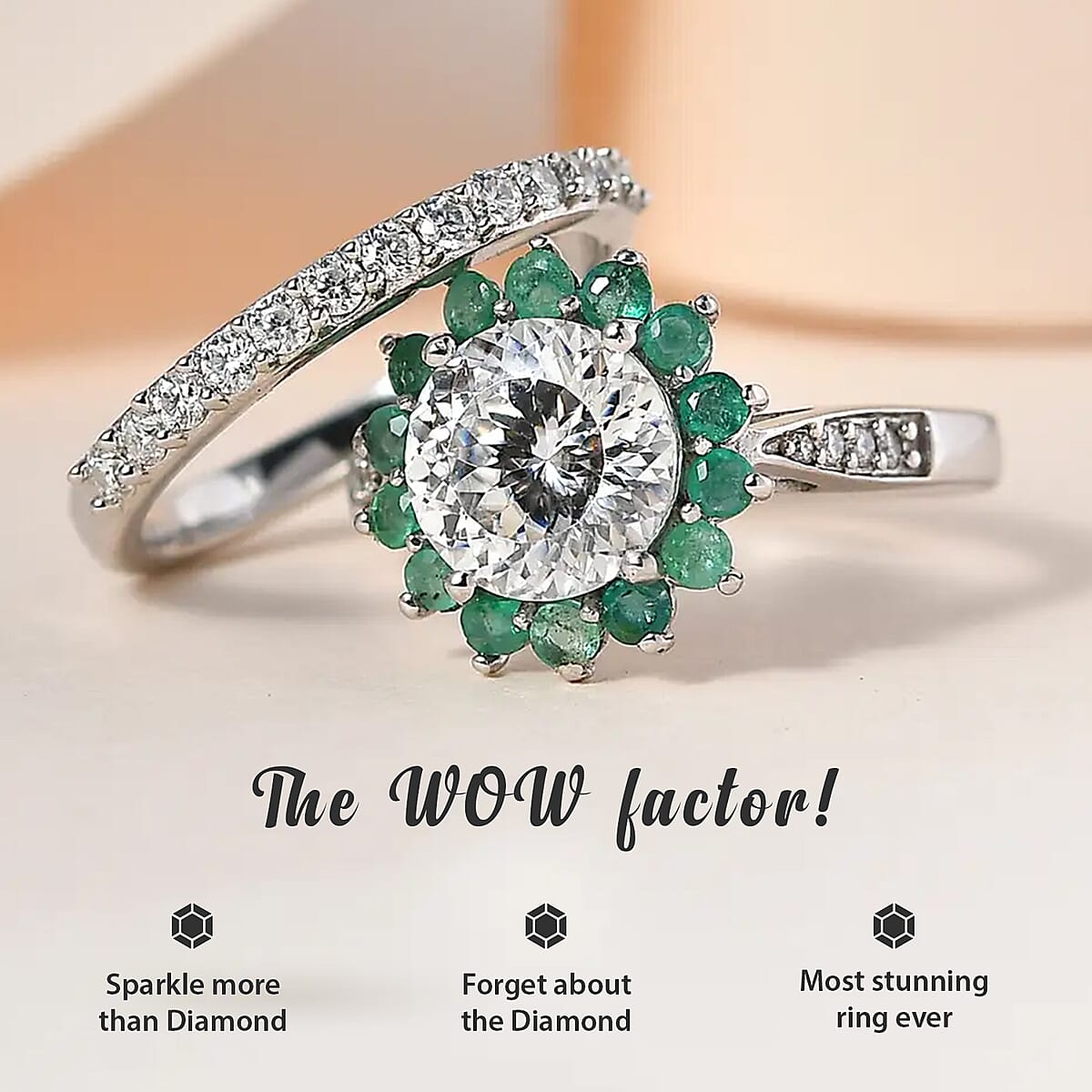 120 Facets Moissanite and Kagem Zambian Emerald 2.75 ctw Set of 2 Stackable Ring in Platinum Over Sterling Silver (Size 5.0) image number 1